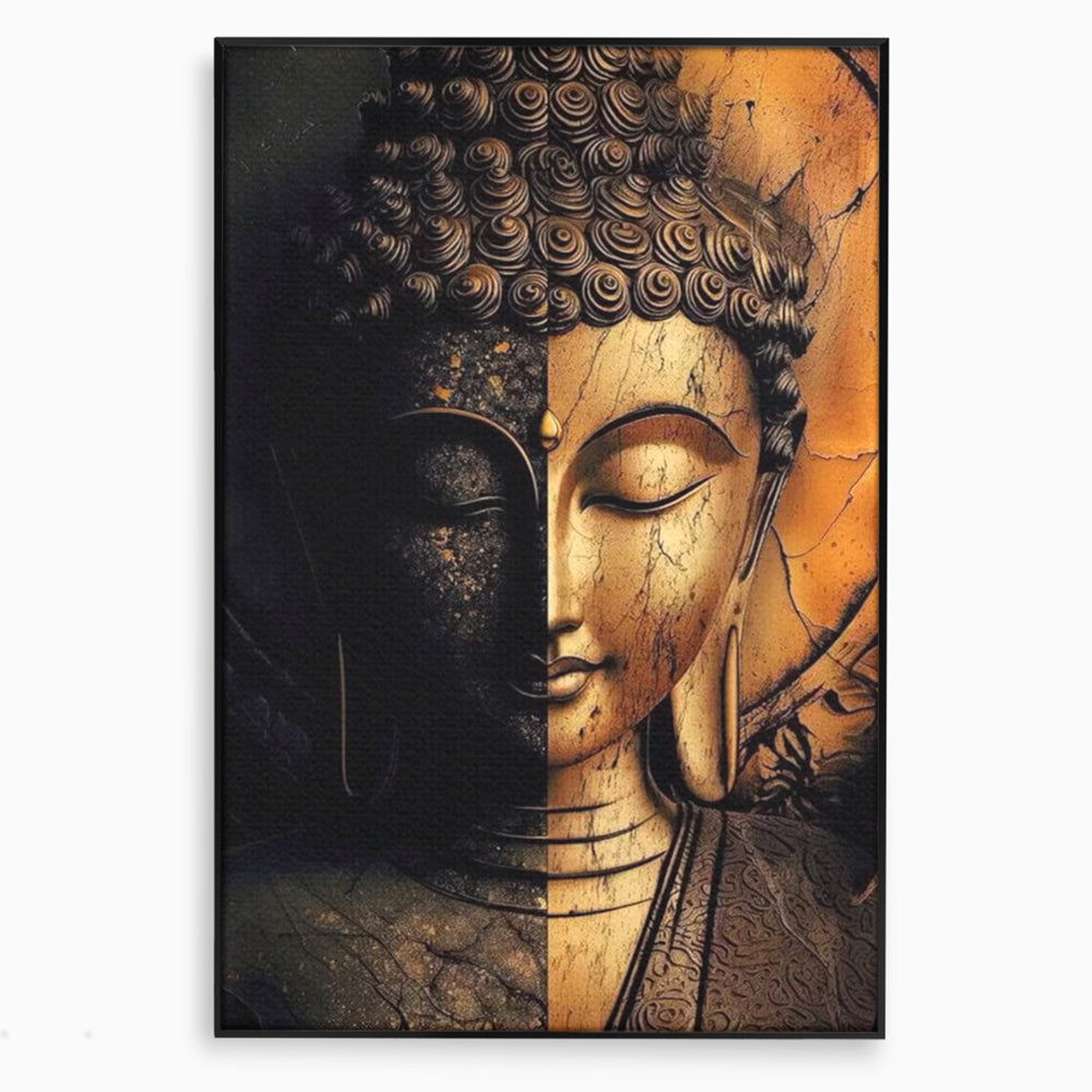 Tablou canvas cu tablou canvas cu chipul lui buddha in doua culori, in rama de aluminiu negru